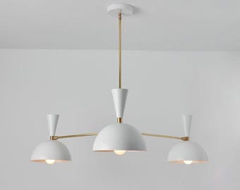 1950s Italian Modern Chandelier: Black & Brass 3-Light Pendant Lamp