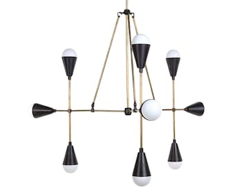 Mid-Century Modern Brass Chandelier: 8-Light Multicolor Cone Pendant Lamp