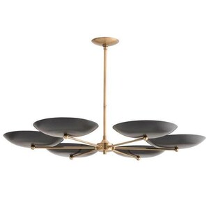 A profile view of the brass sputnik chandelier with six dark saucer-shaped shades and a vertical drop rod.