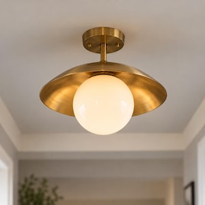 Mid Century Modern Brass Flush Mount Light, Custom Size Opal Glass Globe Saucer Ceiling Light, Handmade Semi Flush Mount Fixture Gift