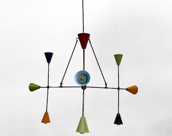 Mid-Century Modern Brass Chandelier: 8-Light Multicolor Cone Pendant Lamp
