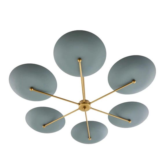 Handmade Brass Sputnik Chandelier | Matte Blue Discs, Contemporary Lighting