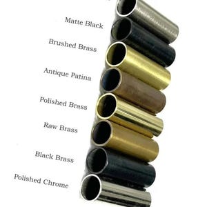 A sample chart showing eight metal finish options labeled Brushed Chrome, Matte Black, Brushed Brass, Antique Patina, Polished Brass, Raw Brass, Black Brass, and Polished Chrome.