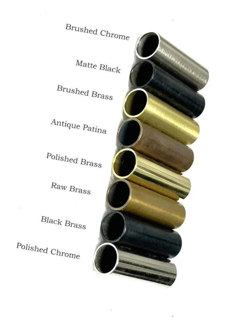 A sample chart showing eight metal finish options labeled Brushed Chrome, Matte Black, Brushed Brass, Antique Patina, Polished Brass, Raw Brass, Black Brass, and Polished Chrome.