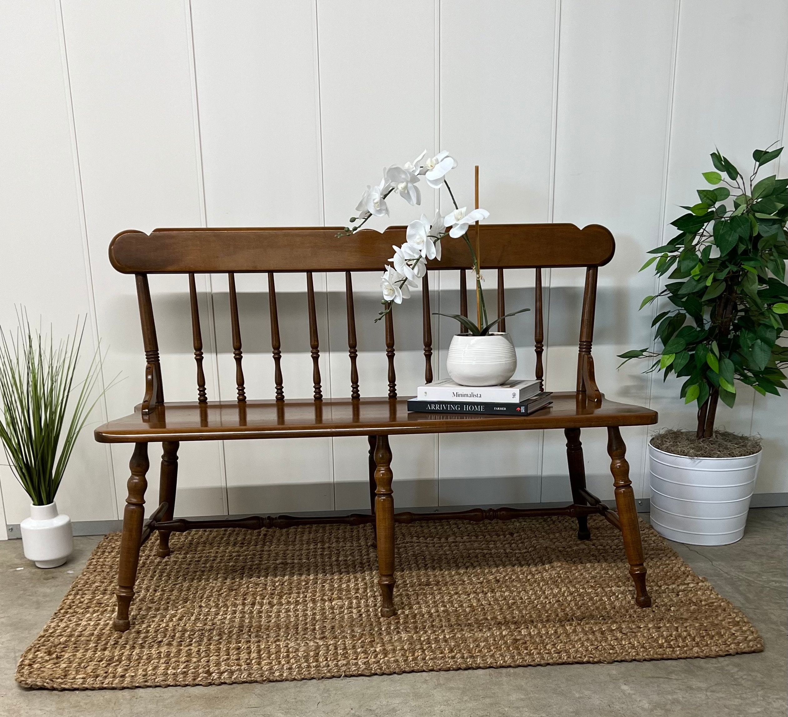 Vintage Solid Maple Spindle Back Decon Style Bench