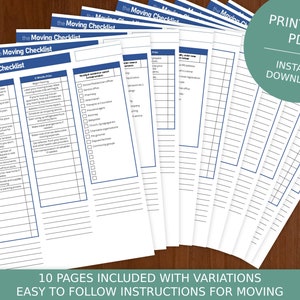 May include: A printable moving checklist with 10 pages, featuring a blue and white design. The checklist includes sections for 6 weeks prior, 2 weeks prior, 1 week prior, and the day of the move. The checklist is titled "The Moving Checklist" and includes a variety of tasks to help with the moving process.