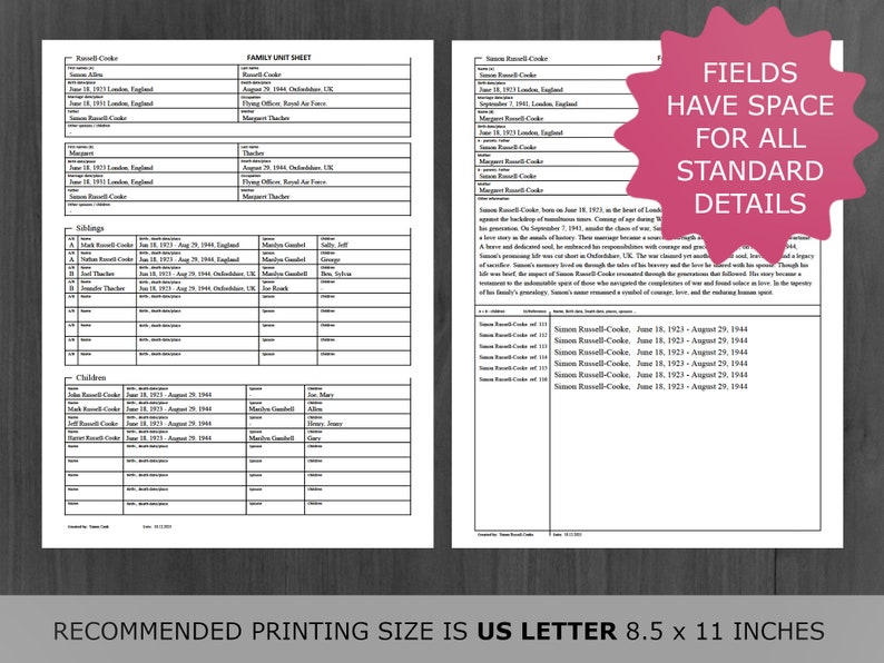 Digital Family Tree: Editable Family Unit Sheet / -Card.