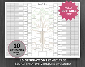 Arbre généalogique 10 générations. Modèle d'arbre généalogique imprimable et modifiable. Tableau généalogique numérique. Modèle de généalogie ancestrale.