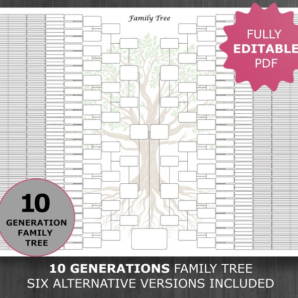 Family Tree Chart 10 Generations. Printable and Editable Family Tree Template. Digital Pedigree Chart. Ancestral Genealogy Template.