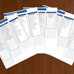 May include: A printable moving checklist with a blue and white design. The checklist is divided into sections for different timeframes, such as 6 months prior, 1 month prior, 1 week prior, 1 day prior, and moving day. Each section includes a list of tasks to complete, with checkboxes next to each item.
