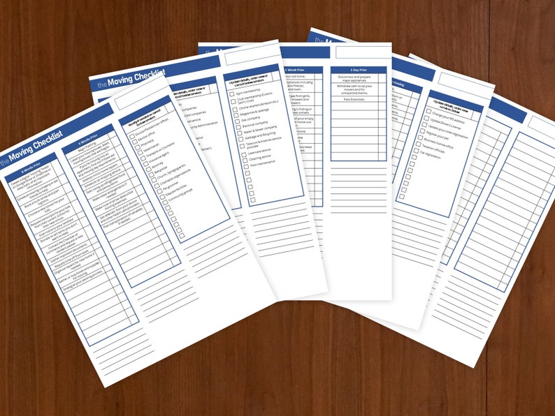 May include: A printable moving checklist with a blue and white design. The checklist is divided into sections for different timeframes, such as 6 months prior, 1 month prior, 1 week prior, 1 day prior, and moving day. Each section includes a list of tasks to complete, with checkboxes next to each item.