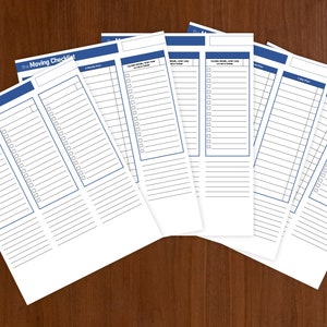 May include: A set of printable moving checklists with blue and white accents. The checklists are divided into sections with checkboxes for each task. The text "The Moving Checklist" is printed at the top of each page.