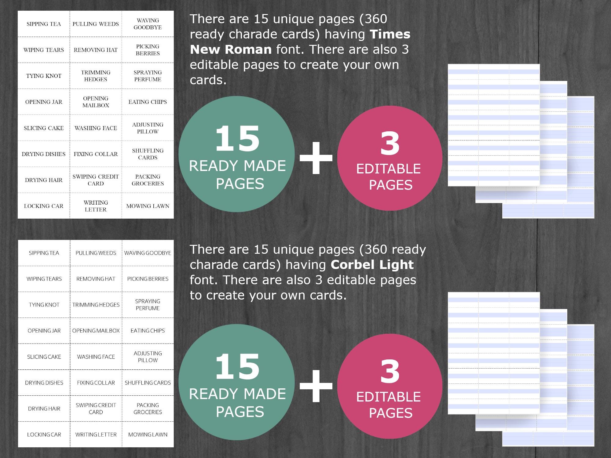 Action Charade Cards, 360 Printable Editable Charades, Family Games ...
