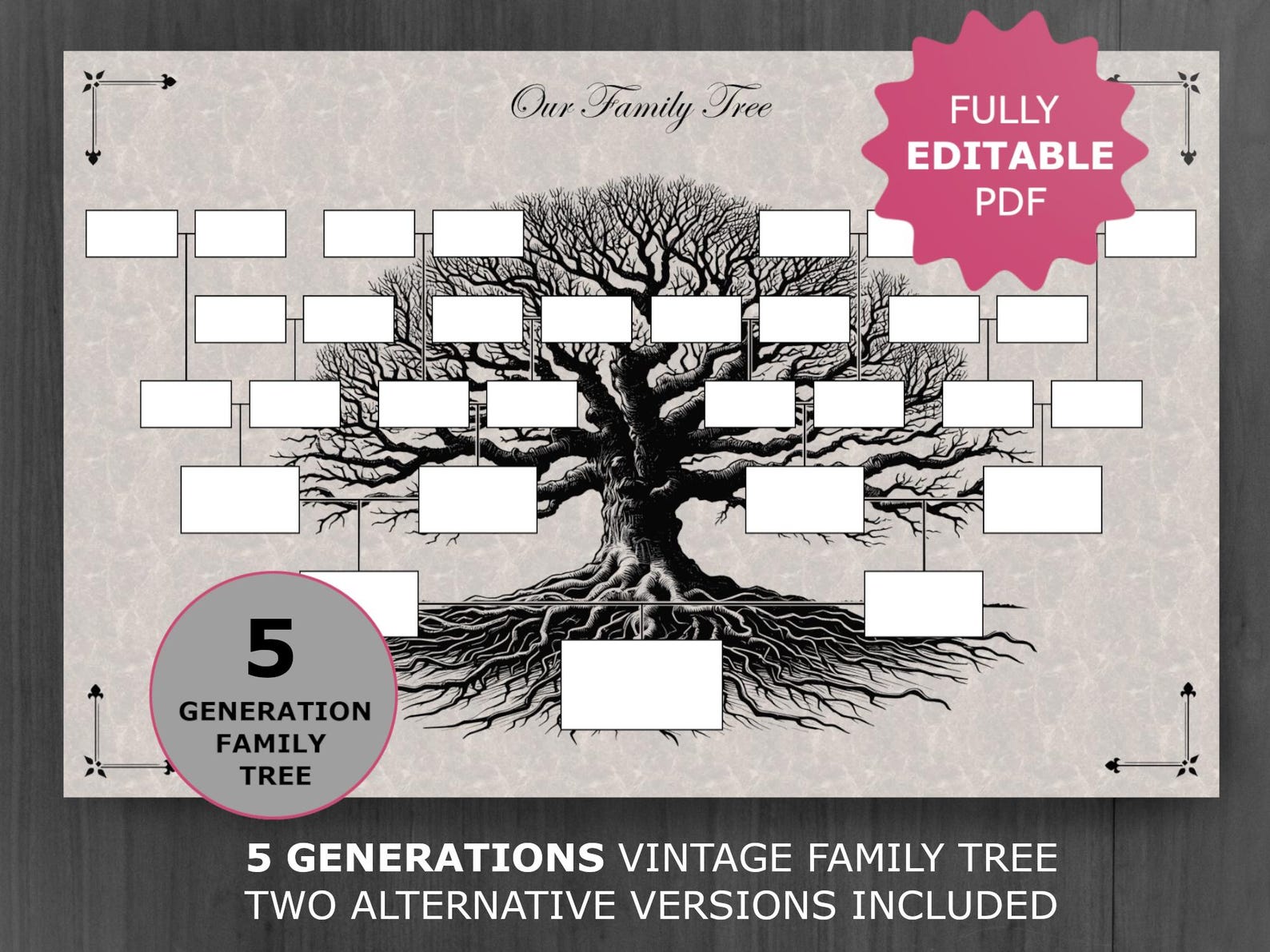 Vintage Family Tree Template for 5 Generations. Printable and Editable ...