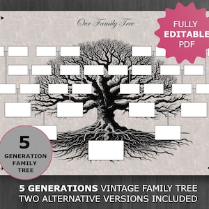 Vintage Family Tree Template for 5 Generations. Printable and Editable Family Tree. Genealogy Chart to be framed and hung on the wall.