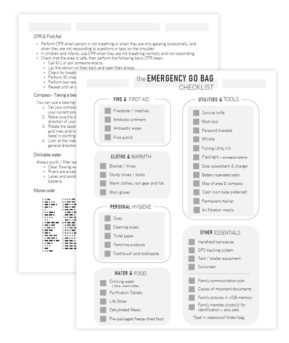 Printable Emergency Go Bag Checklist Disaster Prep, Survival Bug