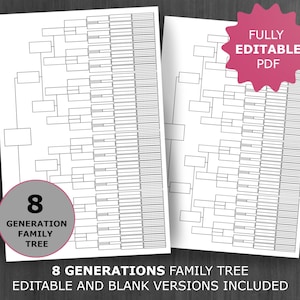 8 Generations Family Tree Chart. Printable and Editable Family Tree Template. Digital Ancestor/Pedigree Chart. Ancestral Genealogy Template.