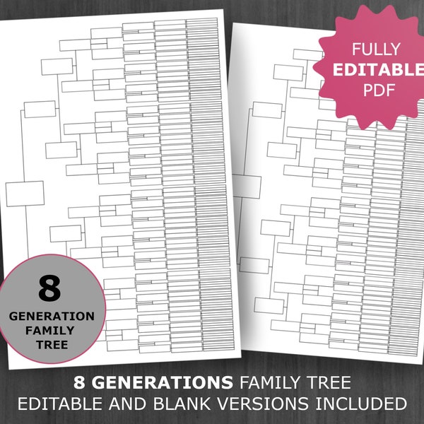 8 Generations Family Tree Chart. Printable and Editable Family Tree Template. Digital Ancestor/Pedigree Chart. Ancestral Genealogy Template.