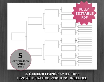 5 Generations Family Tree Chart. Printable and Editable Family Tree Template. Digital Ancestor/Pedigree Chart. Ancestral Genealogy Template.