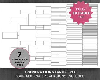 7 Generations Family Tree Chart. Printable and Editable Family Tree Template. Digital Ancestor/Pedigree Chart. Ancestral Genealogy Template.