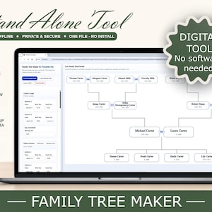 Peut inclure: Un ordinateur portable affichant un organigramme familial créé avec le logiciel "Family Tree Maker". L'écran montre un arbre généalogique avec des noms et des dates. Le logiciel est annoncé comme un "outil numérique" sans logiciel requis.