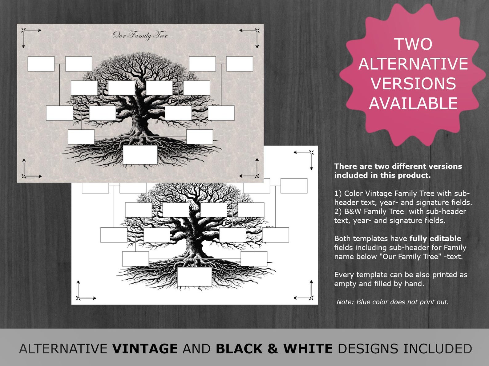 Vintage Family Tree for 4 Generations. Printable and Editable Family ...