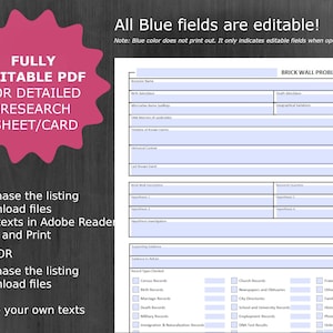 The template features editable fields for information such as the ancestor's name, birth and death details, research questions, hypotheses, and a timeline of known events.