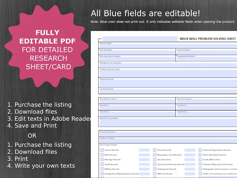 The template features editable fields for information such as the ancestor's name, birth and death details, research questions, hypotheses, and a timeline of known events.