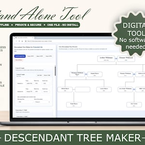 Może przedstawiać: Laptop wyświetla diagram drzewa genealogicznego utworzony za pomocą oprogramowania "Descendant Tree Maker". Ekran pokazuje drzewo genealogiczne z nazwiskami i datami. Oprogramowanie jest opisane jako narzędzie cyfrowe, które nie wymaga oprogramowania.