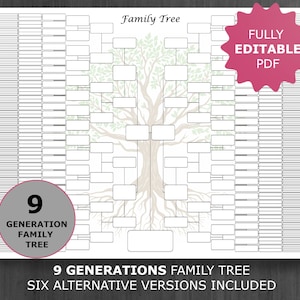 Family Tree Chart 9 Generations. Printable and Editable Family Tree Template. Digital Ancestor/Pedigree Chart. Ancestral Genealogy Template.