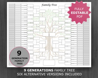 Árbol genealógico de 9 generaciones: Plantilla de genealogía imprimible y editable (PDF)