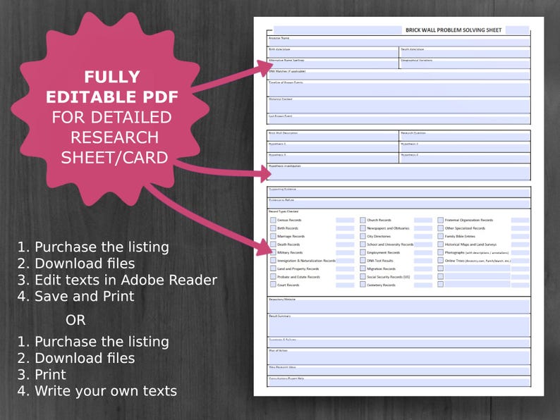 Editable Ancestor Chart: Editable PDF for Ancestry Research - Research Log & Hypothesis Tracker