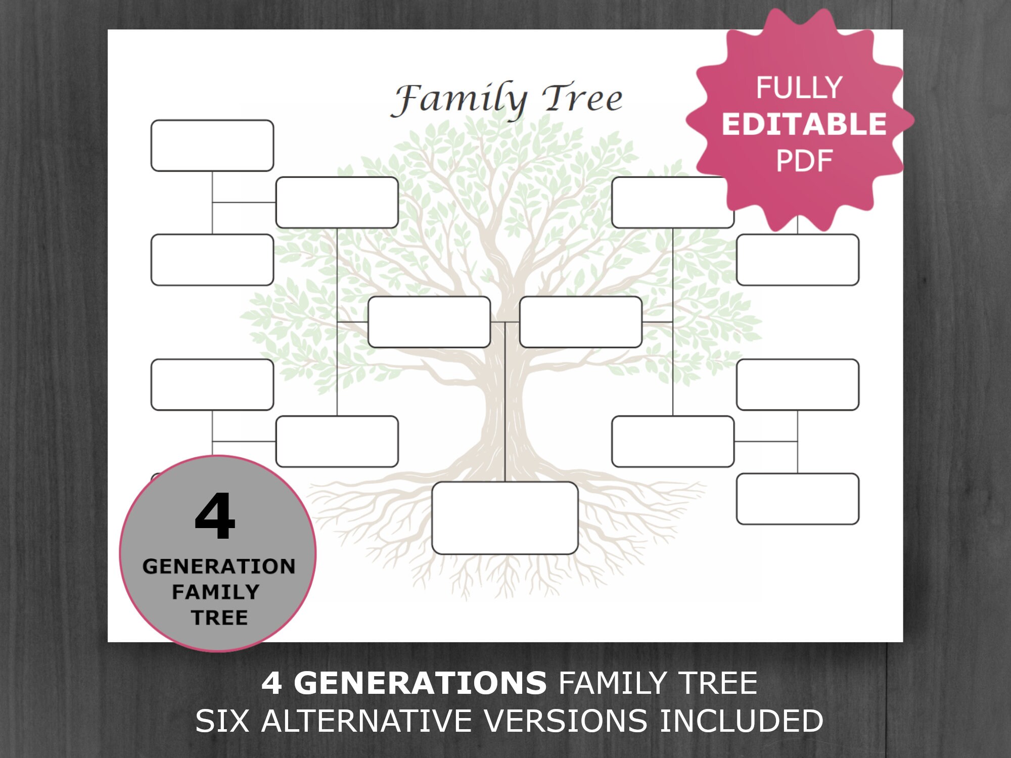 Family Tree Chart 4 Generations. Printable and Editable Family Tree Template. Digital Ancestor/Pedigree Chart. Ancestral Genealogy Template.