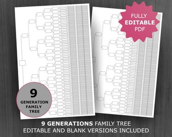 9 Generations Family Tree Chart. Printable and Editable Family Tree Template. Digital Ancestor/Pedigree Chart. Ancestral Genealogy Template.