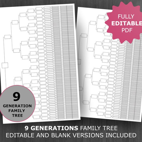 9 Generations Family Tree Chart. Printable and Editable Family Tree Template. Digital Ancestor/Pedigree Chart. Ancestral Genealogy Template.