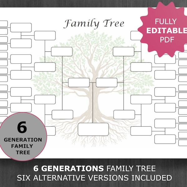 Family Tree Chart 6 Generations. Printable and Editable Family Tree Template. Digital Ancestor/Pedigree Chart. Ancestral Genealogy Template.