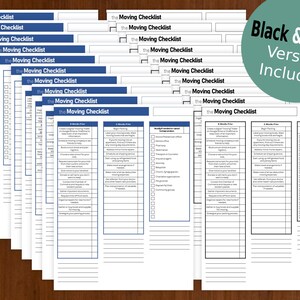 May include: A set of 16 printable moving checklists, each with a blue header that reads "the Moving Checklist". The checklists are organized by time frame, with sections for 8 weeks prior, 6 weeks prior, 4 weeks prior, 2 weeks prior, 1 week prior, and moving day. The checklists include tasks such as notifying relevant contacts, scheduling movers, packing, and cleaning.