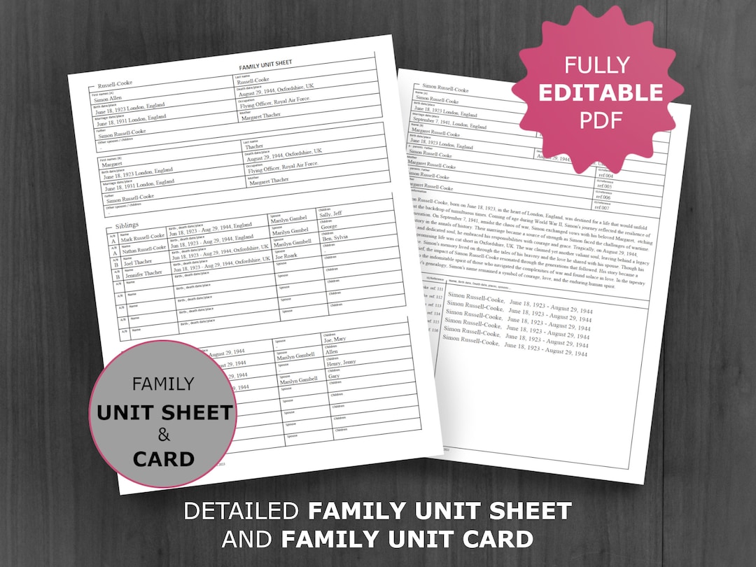 Genealogy Family Unit Sheet / -card: Printable and Editable Ancestor ...