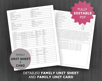 Genealogy Family Unit Sheet / -Card: Printable and Editable Ancestor Template (PDF)