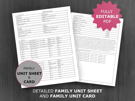 Genealogy Family Unit Sheet / -Card: Printable and Editable Ancestor Template (PDF)