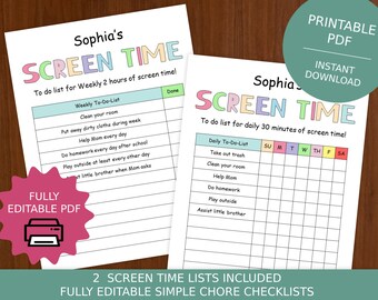 Kids Screen Time Checklist: Printable and Editable Chore Chart (PDF)