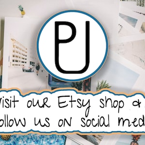 Pode incluir: Um close-up de uma placa branca e azul com o texto "Visite nossa loja Etsy & Siga-nos nas redes sociais". A placa &eacute; cercada por v&aacute;rias fotos e abacaxis.