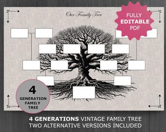 Vintage Family Tree Template: 4 Generations, Printable and Editable Genealogy Chart (PDF)