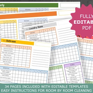 Home Cleaning Planner, EDITABLE Cleaning Checklist, ADHD Cleaning Planner, Household Chores Chart, Digital Download PDF
