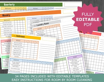 Home Cleaning Checklist: Printable Editable PDF Planner for Weekly Monthly Deep Clean Schedule (PDF)