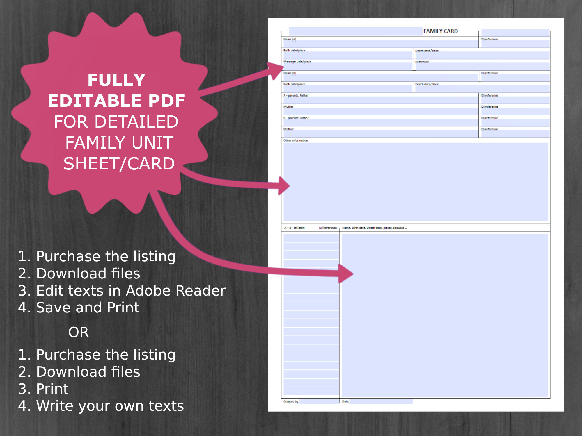 Genealogy Family Unit Sheet / -card: Printable and Editable Ancestor ...