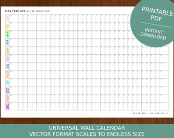 Universal Wall Calendar Printable Digital PDF Giant Download Planner Year At A Glance Vector Quality (PDF)