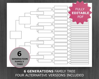 6 Generations Family Tree Chart. Printable and Editable Family Tree Template. Digital Ancestor/Pedigree Chart. Ancestral Genealogy Template.