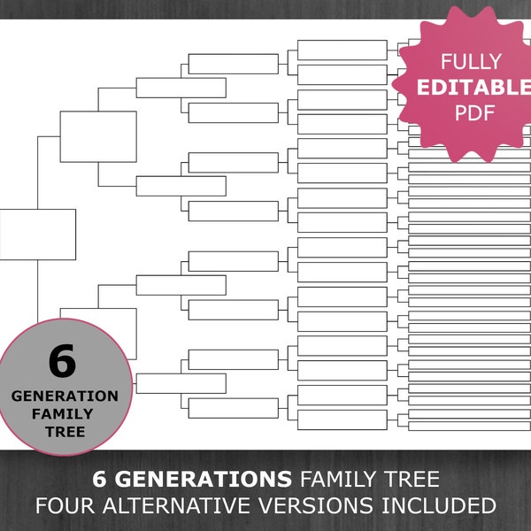 6 Generations Family Tree Chart. Printable and Editable Family Tree Template. Digital Ancestor/Pedigree Chart. Ancestral Genealogy Template.