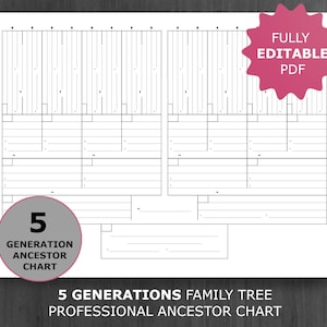 5 Generationen Stammbaum Diagramm. Druckbare und bearbeitbare Stammbaum-Vorlage. Digitale Ahnentafel. Vorlage für Ahnenreihe.
